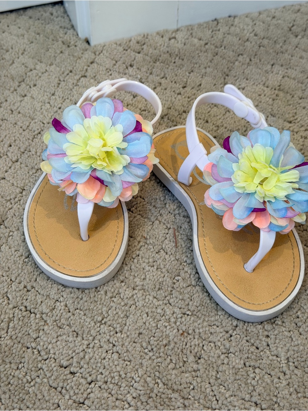 Girls' White Sandals with Pastel Multicolor Flower Accent